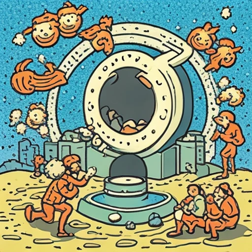 a giant hole swallowing tiny cartoon people, flat vector illustration, bold outlines, mobile game ad