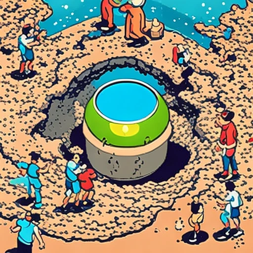 a giant hole swallowing tiny cartoon people, flat vector illustration, bold outlines, mobile game ad