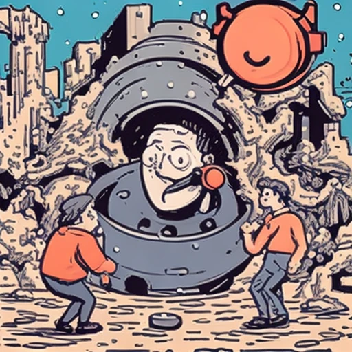 a giant hole swallowing tiny cartoon people, flat vector illustration, bold outlines, mobile game ad