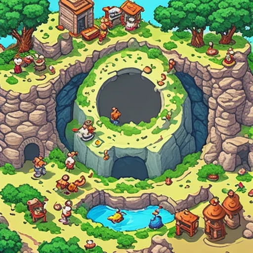 a giant hole swallowing tiny cartoon people, hand-painted casual game art, mobile game ad