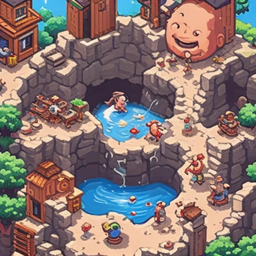 a giant hole swallowing tiny cartoon people, hand-painted casual game art, mobile game ad