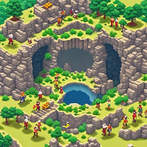 a giant hole swallowing tiny cartoon people, isometric diorama, miniature style, mobile game ad