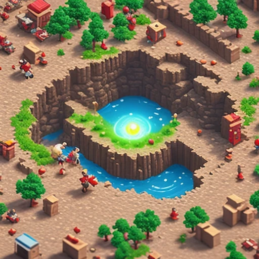 a giant hole swallowing tiny cartoon people, isometric diorama, miniature style, mobile game ad