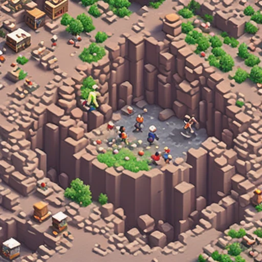 a giant hole swallowing tiny cartoon people, isometric diorama, miniature style, mobile game ad