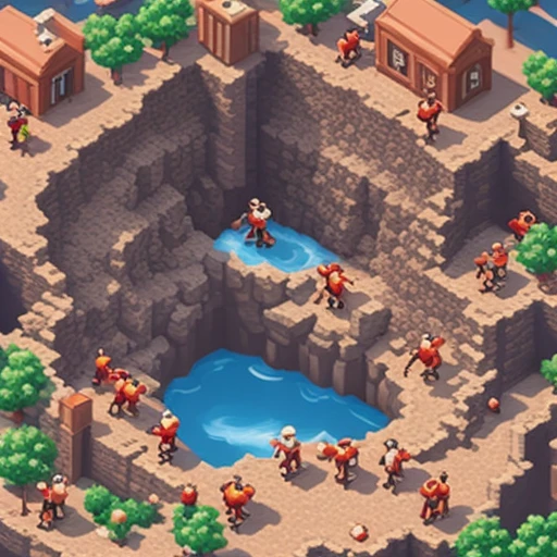 a giant hole swallowing tiny cartoon people, isometric diorama, miniature style, mobile game ad