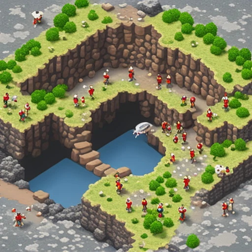 a giant hole swallowing tiny cartoon people, isometric diorama, miniature style, mobile game ad