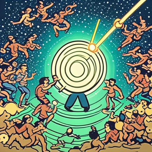 a crowd running toward a glowing hole, flat vector illustration, bold outlines, mobile game ad