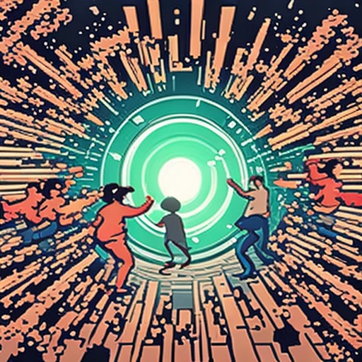a crowd running toward a glowing hole, flat vector illustration, bold outlines, mobile game ad