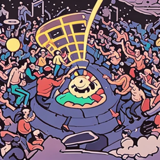 a crowd running toward a glowing hole, flat vector illustration, bold outlines, mobile game ad