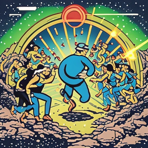 a crowd running toward a glowing hole, flat vector illustration, bold outlines, mobile game ad