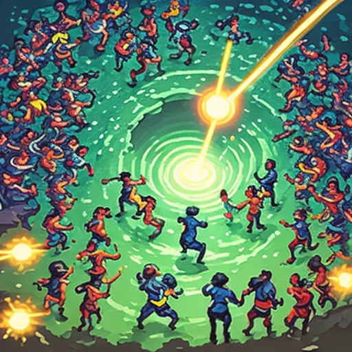 a crowd running toward a glowing hole, hand-painted casual game art, mobile game ad