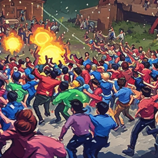 a crowd running toward a glowing hole, hand-painted casual game art, mobile game ad