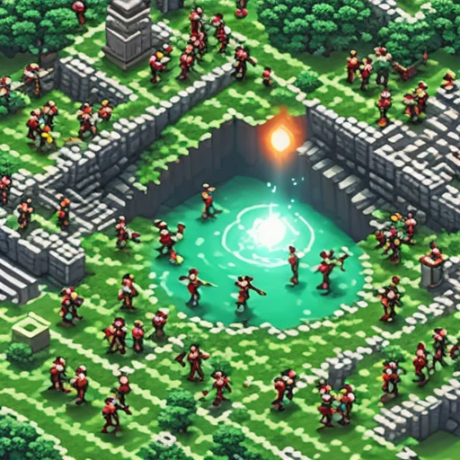 a crowd running toward a glowing hole, isometric diorama, miniature style, mobile game ad