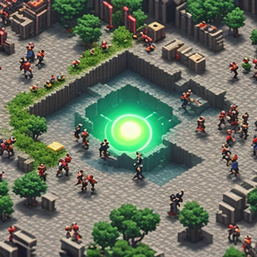 a crowd running toward a glowing hole, isometric diorama, miniature style, mobile game ad
