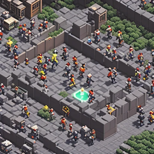 a crowd running toward a glowing hole, isometric diorama, miniature style, mobile game ad