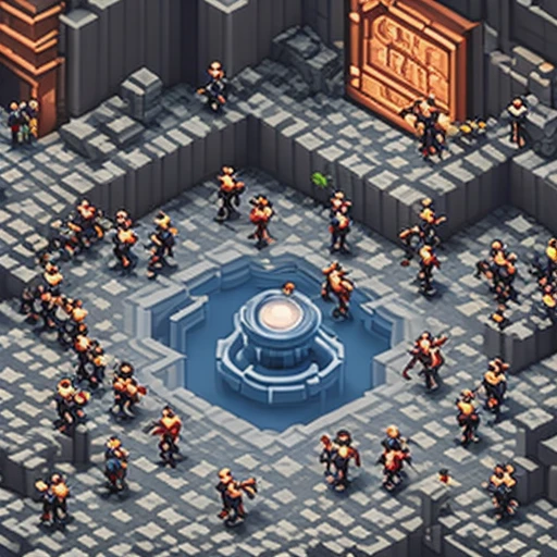 a crowd running toward a glowing hole, isometric diorama, miniature style, mobile game ad
