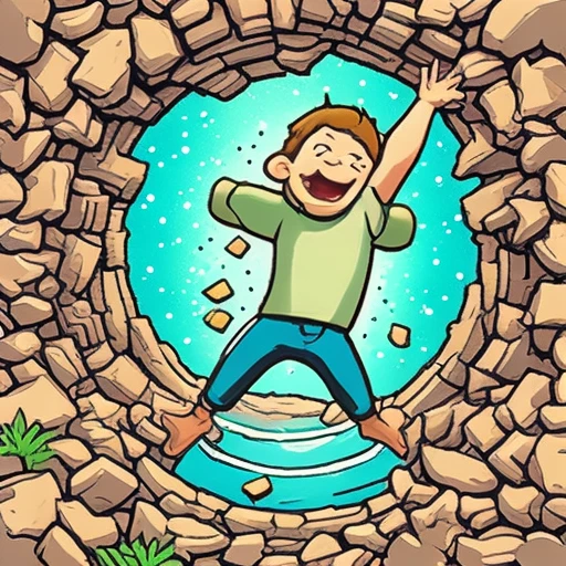 one cartoon person falling into a hole, arms up, hand-painted casual game art, mobile game ad