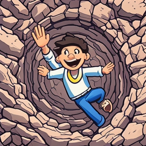 one cartoon person falling into a hole, arms up, hand-painted casual game art, mobile game ad