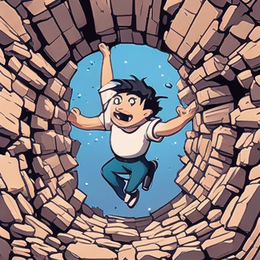 one cartoon person falling into a hole, arms up, hand-painted casual game art, mobile game ad