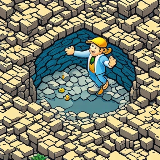 one cartoon person falling into a hole, arms up, isometric diorama, miniature style, mobile game ad