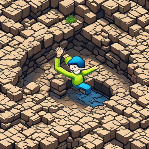 one cartoon person falling into a hole, arms up, isometric diorama, miniature style, mobile game ad