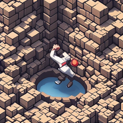 one cartoon person falling into a hole, arms up, isometric diorama, miniature style, mobile game ad